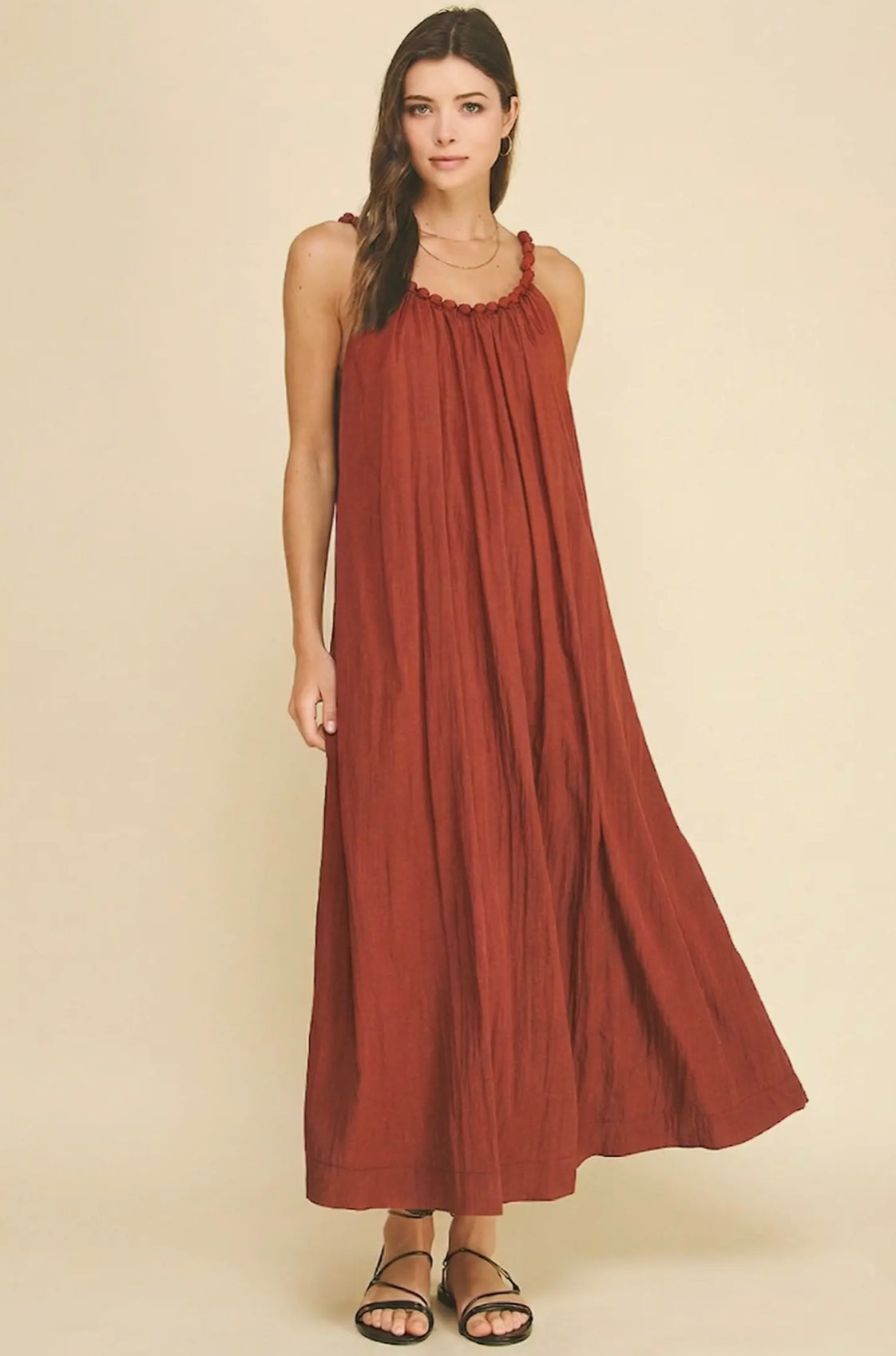Rust Maxi Dress with Ball Trim Neckline