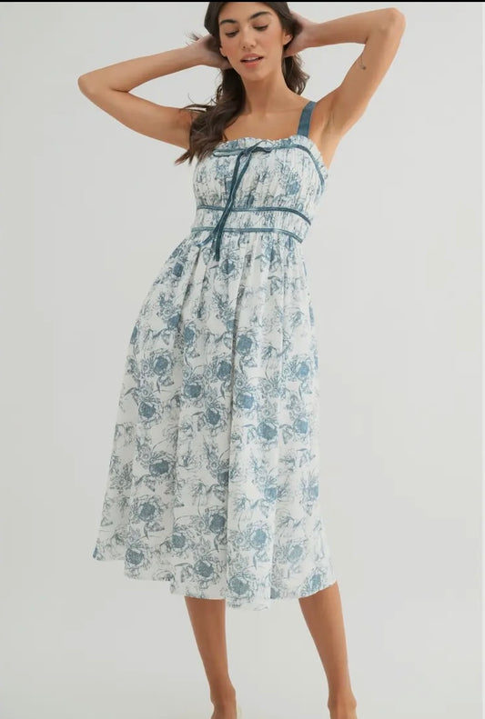 Velvet Trim Floral Midi