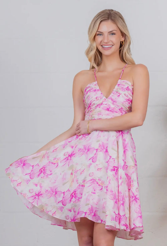 Pink Floral Lace Up Back Dress