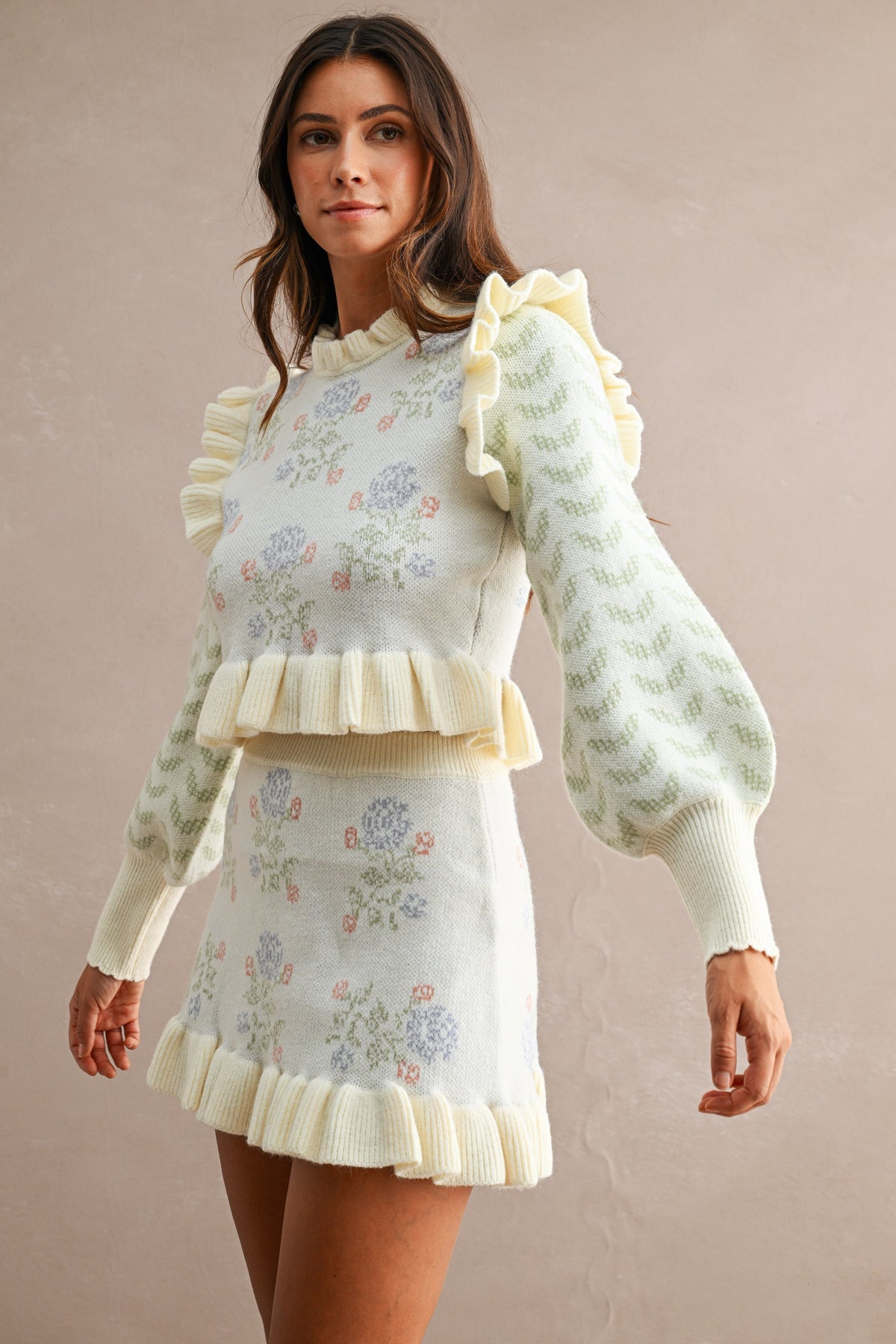 Floral Jacquard Knit Top & Mini Skirt Set