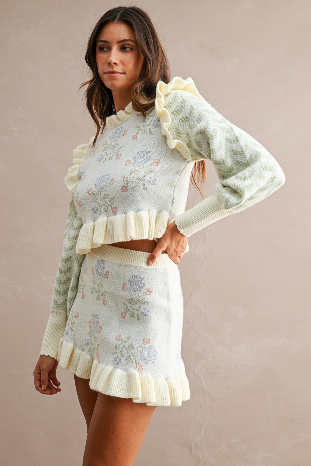 Floral Jacquard Knit Top & Mini Skirt Set