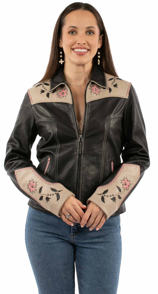 Pink Floral Inlay leather jacket