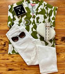 Geometric Print Top-Olive/Cream HTML