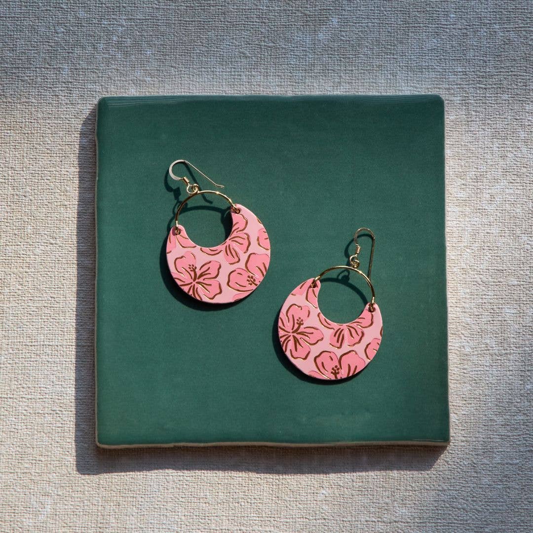 Pink Cameo Hibiscus Nina Leather Hoop Earrings: Gold