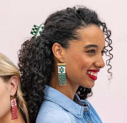 Lauren Holiday Beaded Fringe Earrings Green