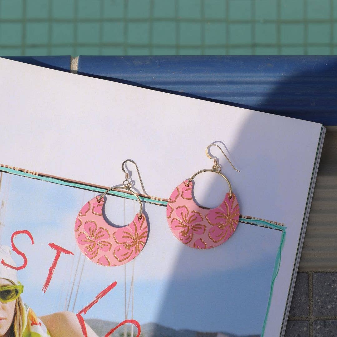 Pink Cameo Hibiscus Nina Leather Hoop Earrings: Gold