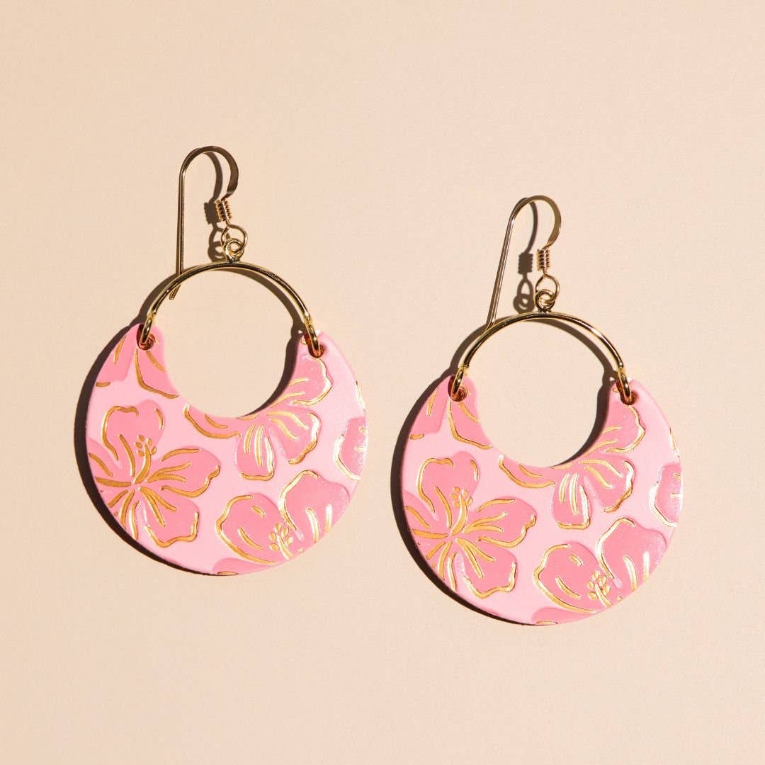 Pink Cameo Hibiscus Nina Leather Hoop Earrings: Gold