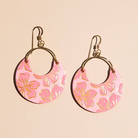 Pink Cameo Hibiscus Nina Leather Hoop Earrings: Gold