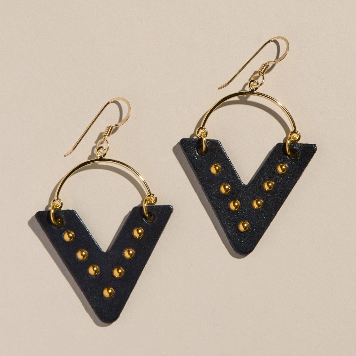 Black Studded Sutton Geometric Leather Hoop Earrings: Silver