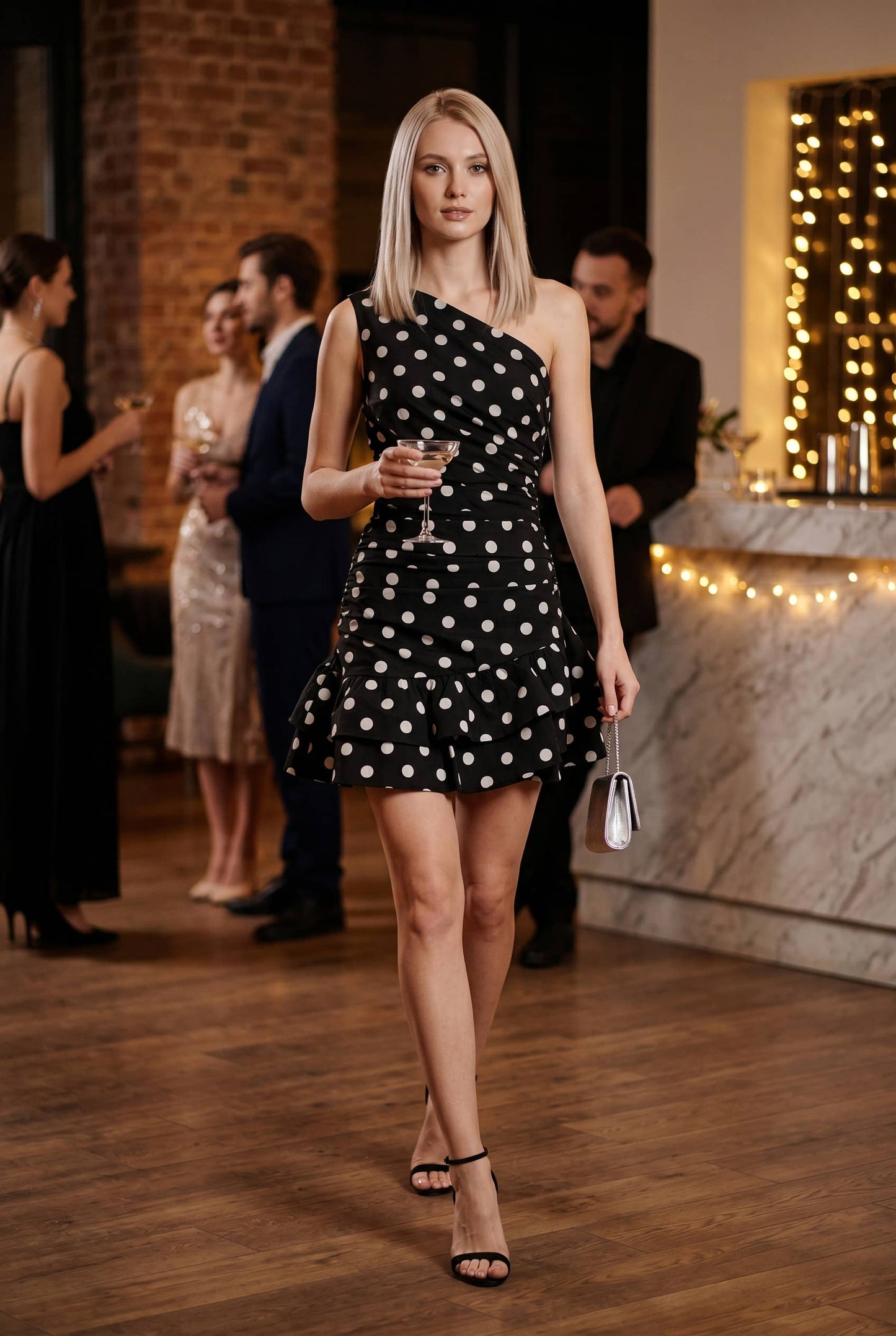 Asymmetrical ruffle hem dot printed one shoulder mini dress