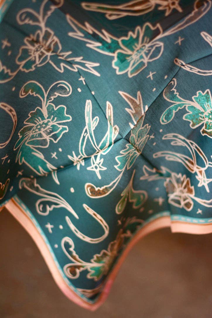 Western Silk Wild Rag Spurs and Floral Turquoise Scarf