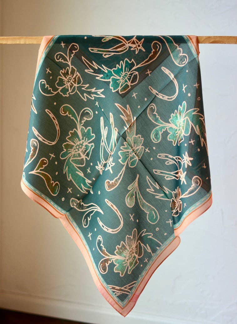 Western Silk Wild Rag Spurs and Floral Turquoise Scarf